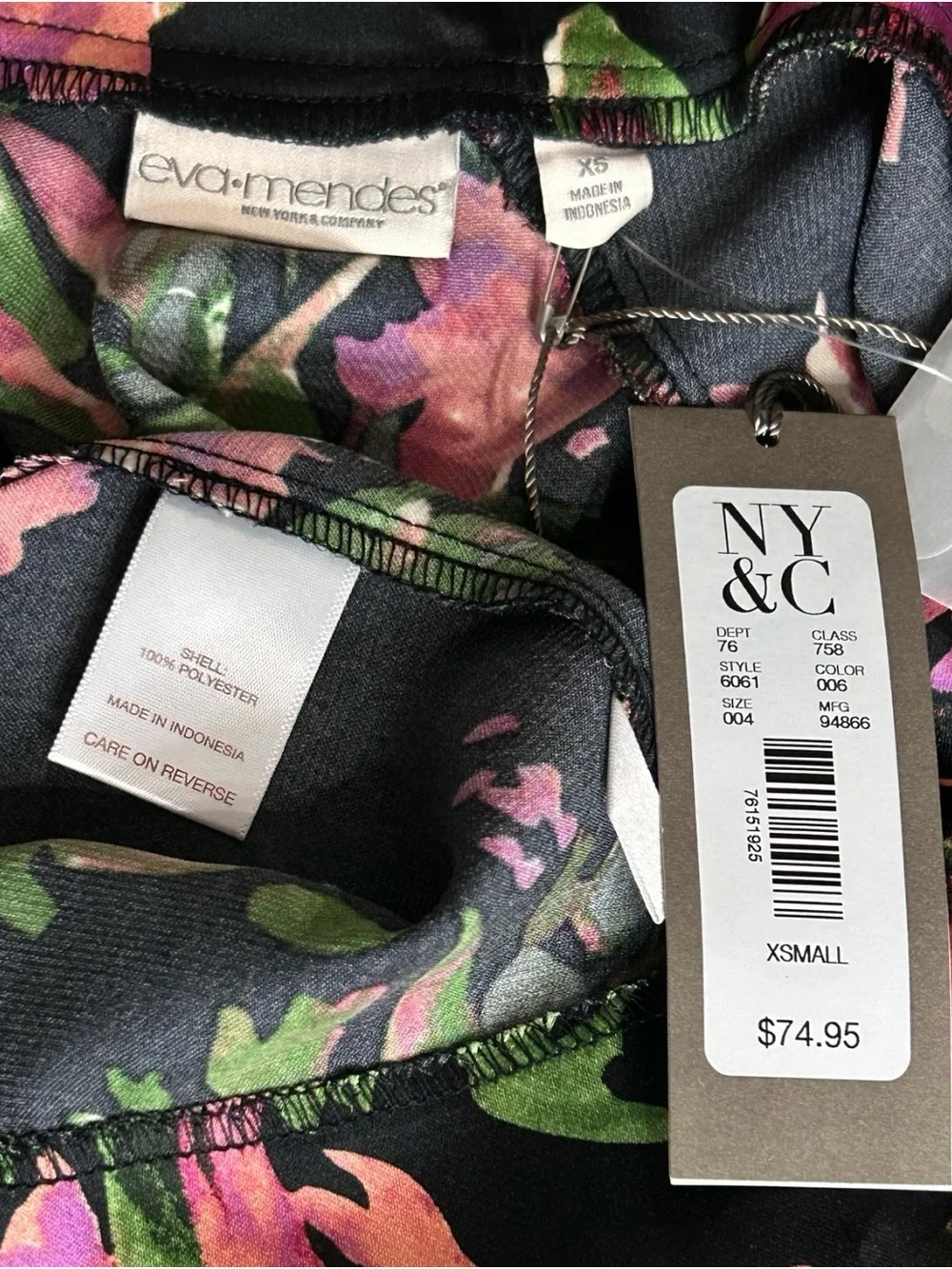 Eva Mendez Black Floral Satin Shift Dress - Pink & Green Blooms Long Sleeves NWT